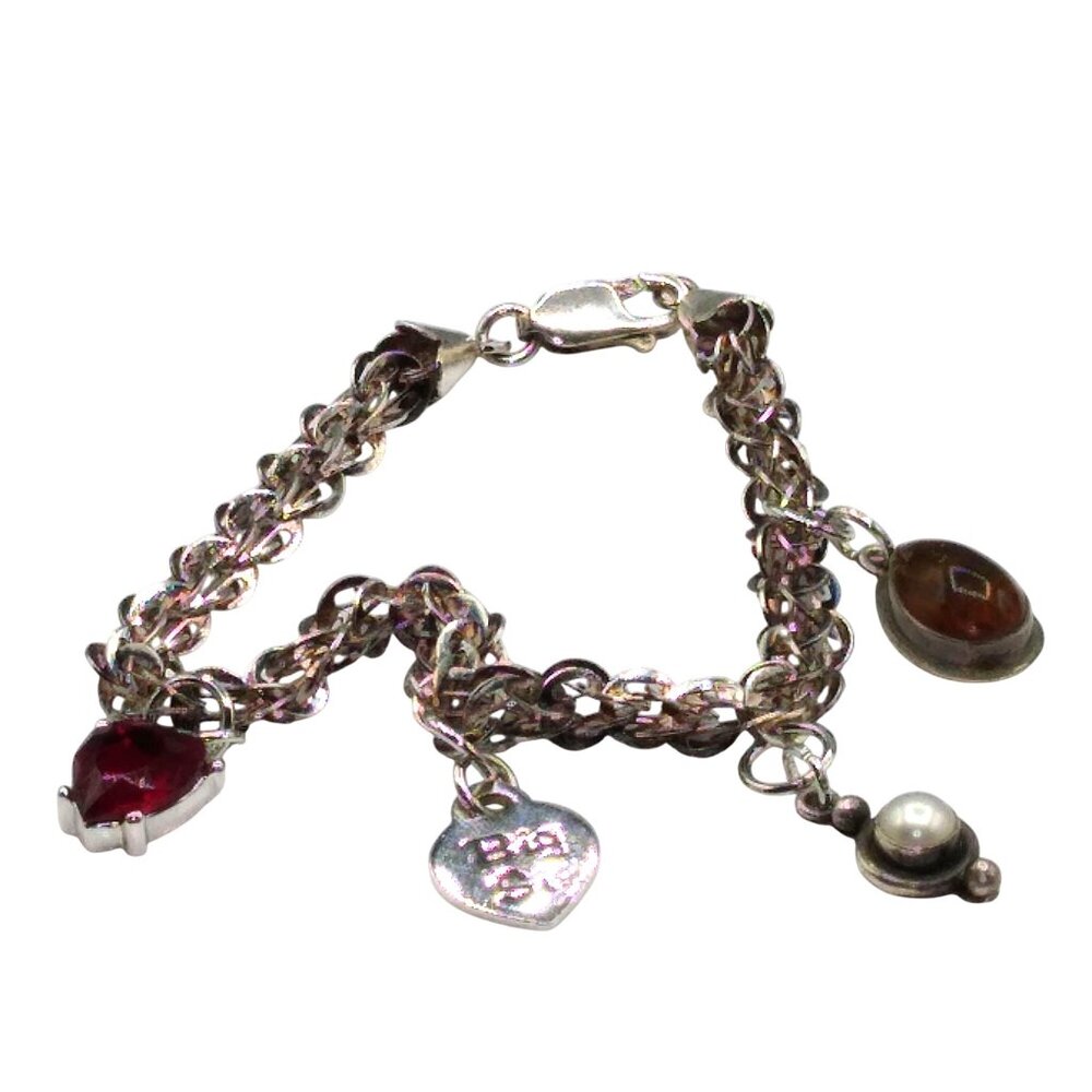 Vintage Sterling Silver Charm Bracelet with 4 Unique 925 Charms, Amber Teardrop